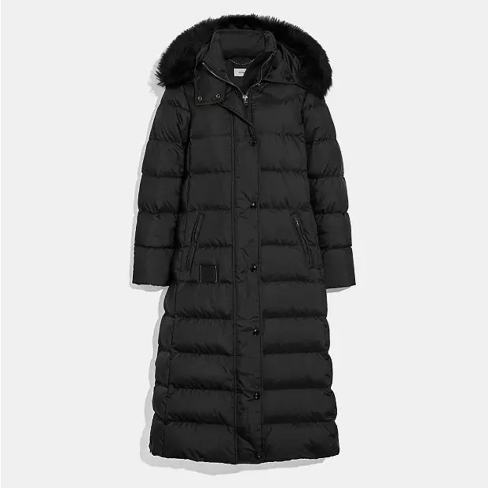Coach Black Long Puffer Coat with Fur Hood